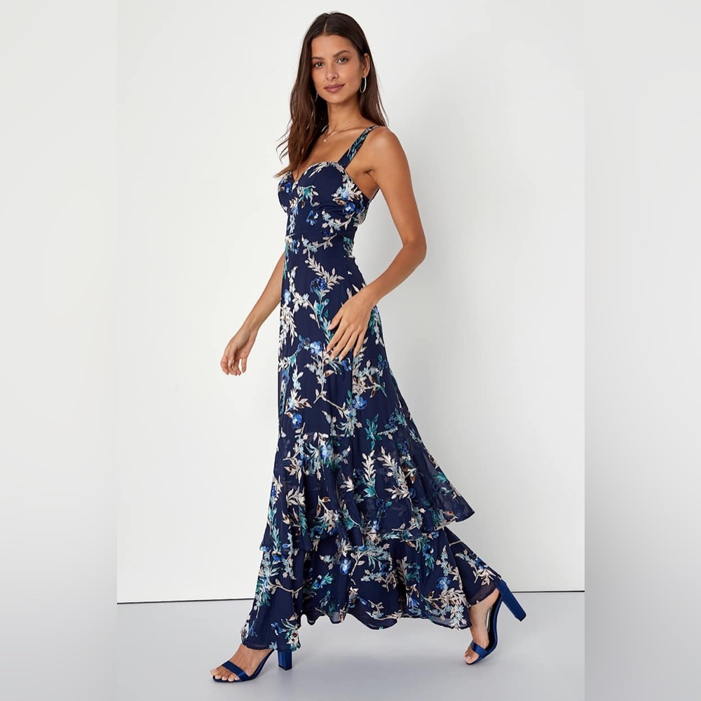 $98 NWT Lulus Stunning Sweetness Navy Blue Floral Burnout Maxi Dress XS